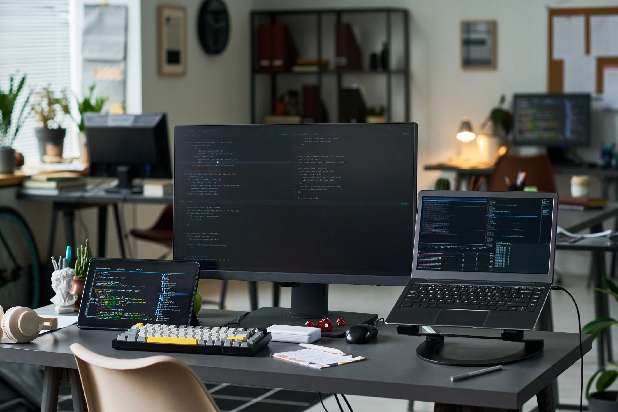 Software development workspace with screens and code